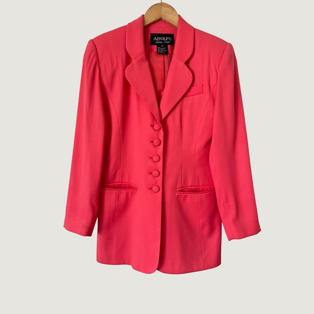 Adolfo Atelier Petite Coral Pink Longline Blazer Jacket Size 2 Vintage Style